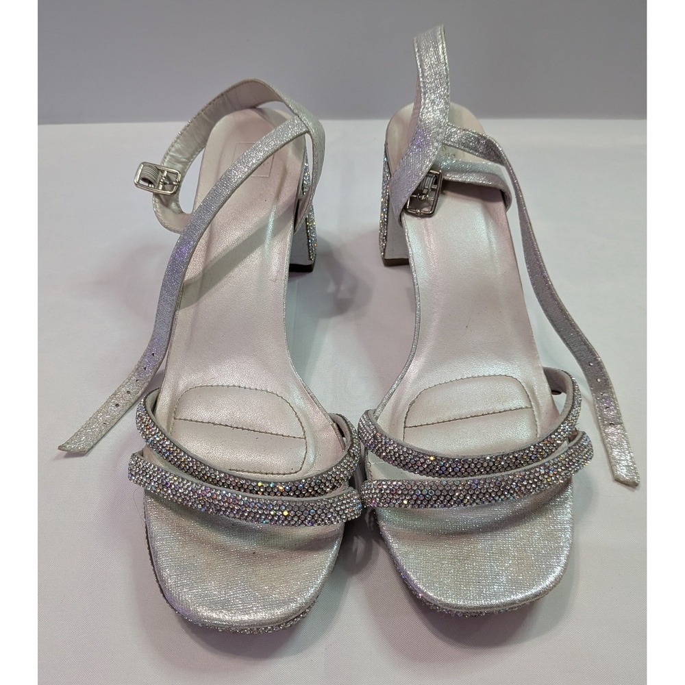 DB Studio Nelly6 Block Heel Sandals Womens 9M Silver Good Rhinestone Evening